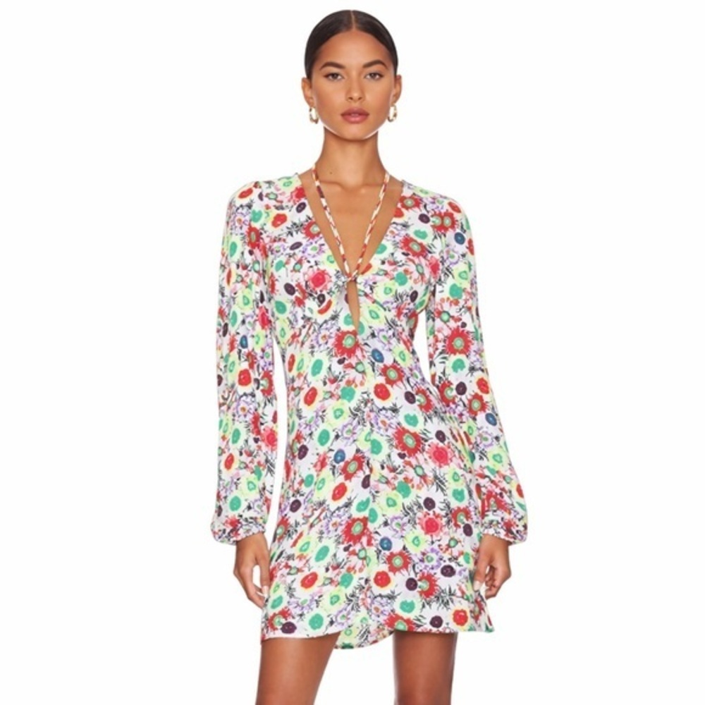Floral V-Neck Long Sleeve Mini Dress - White/Multi